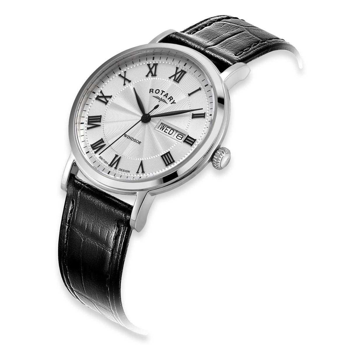 Rotary Windsor Watch, Silver Dial with Black Leather Strap - GS05420/01