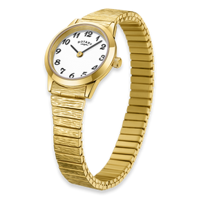 Rotary Expander Watch, Round White Dial with Textured Gold Plated Bracelet - LB00762