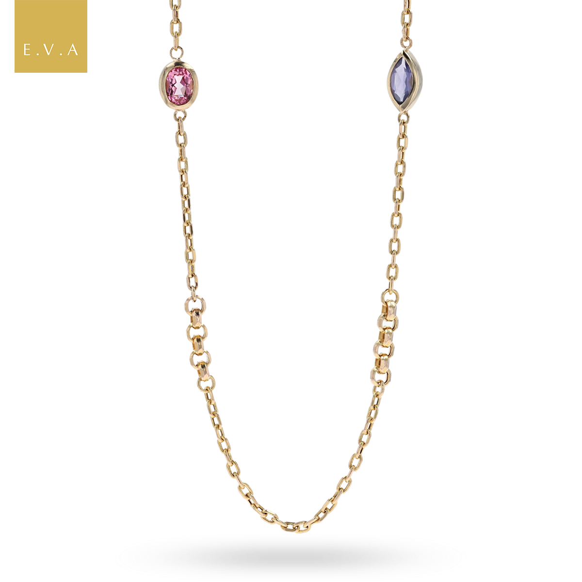 9ct Yellow Gold Pink Topaz & Iolite Diamond Cut Belcher Necklace