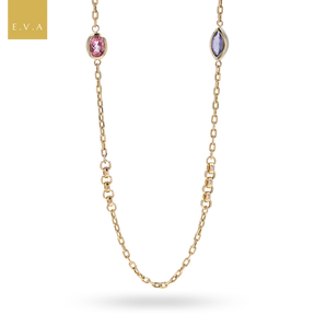 9ct Yellow Gold Pink Topaz & Iolite Diamond Cut Belcher Necklace