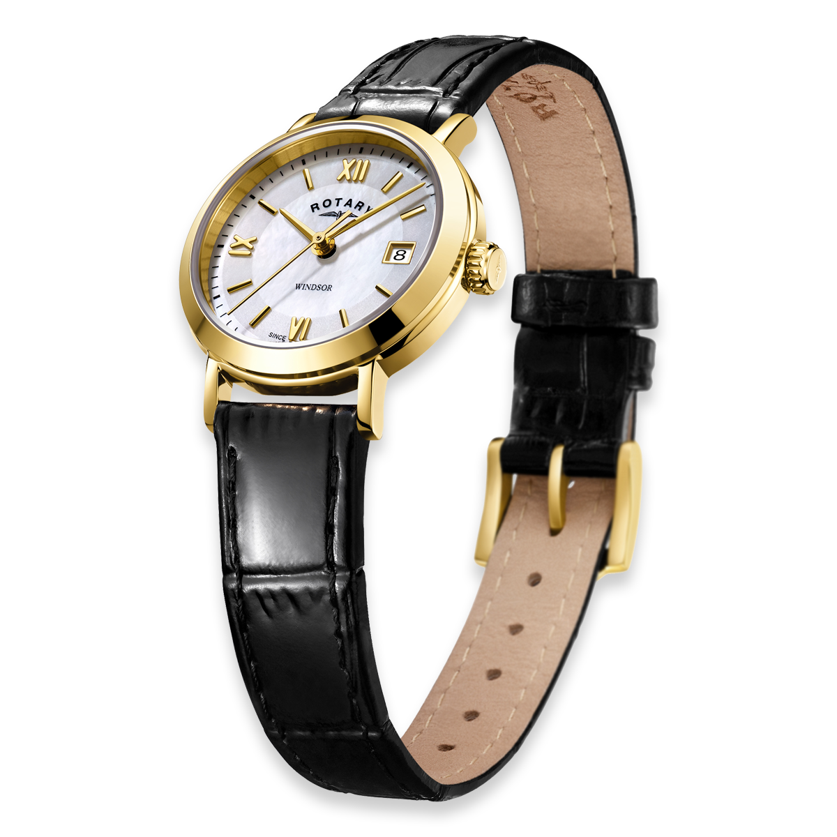 Rotary Windsor Watch, Mother of Pearl Dial with Black Leather Strap & Gold Plated Case - LS05303/41