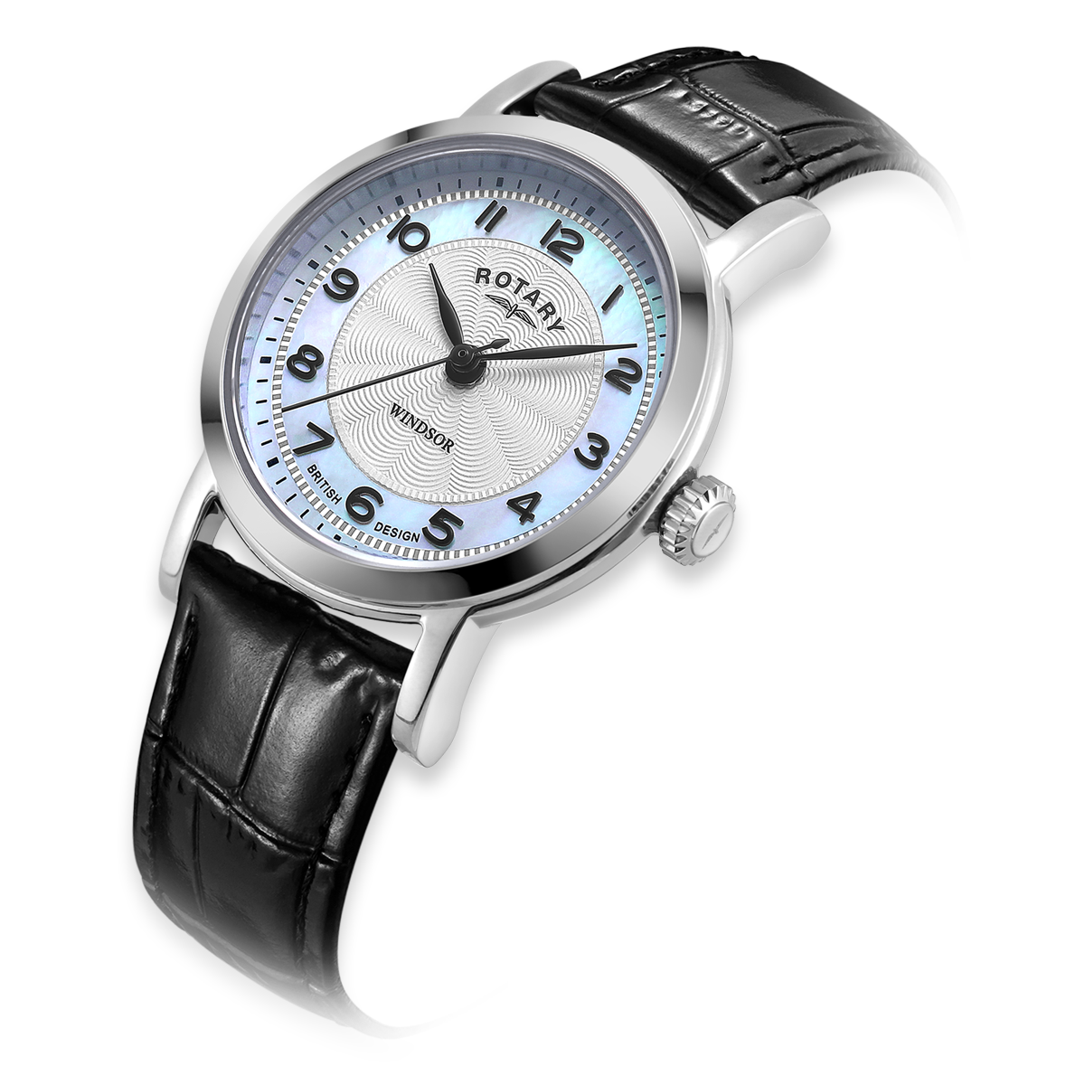 Rotary Windsor Watch, Mother of Pearl Dial with Black Leather Strap & Stainless Steel Case - LS05420/68