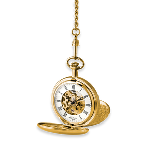 Rotary Skeleton Pocket Watch Gold Plated Double Hunter Skeleton