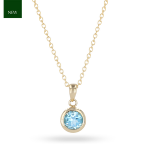 9ct Yellow Gold Round Blue Topaz Solitaire Pendant & Chain