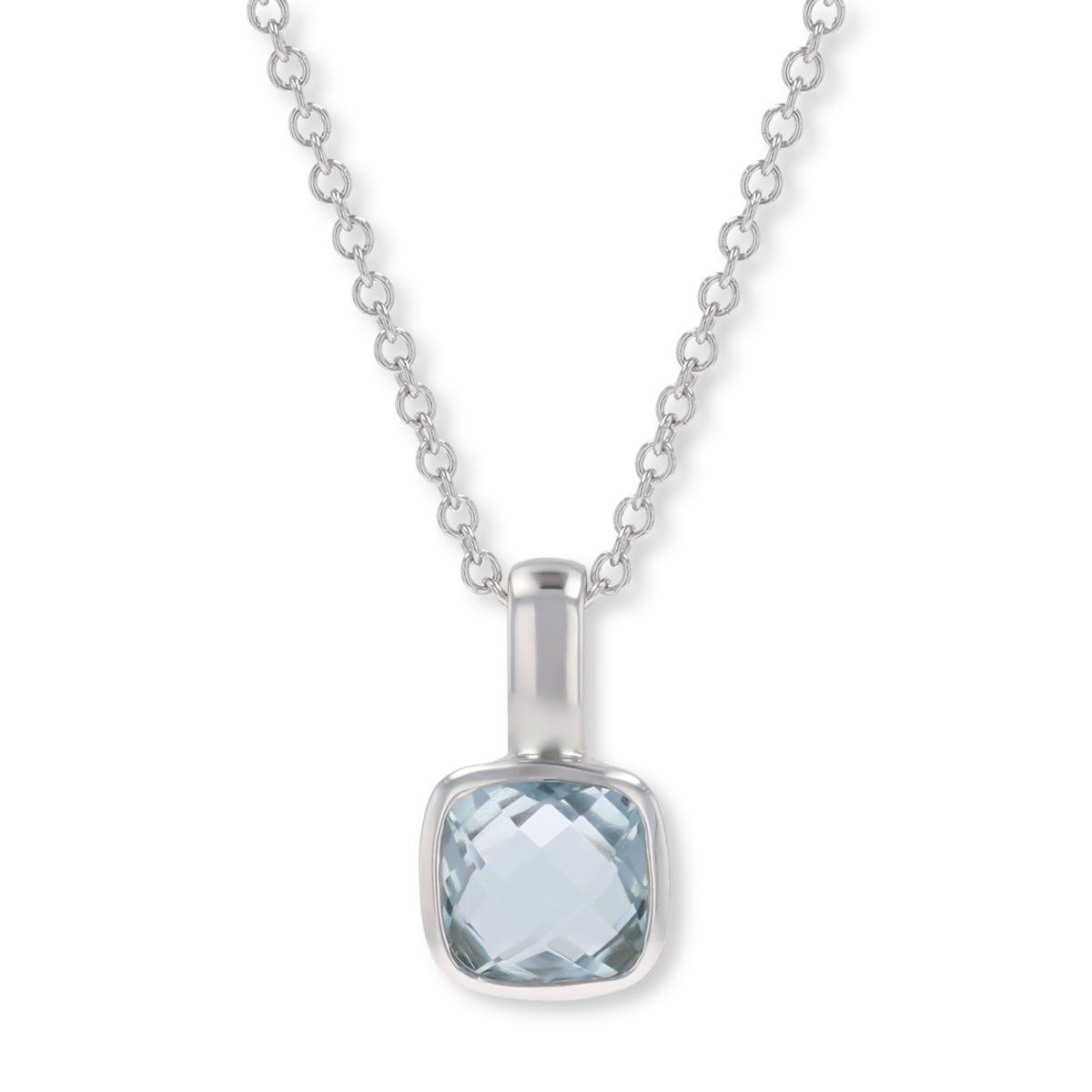 18ct White Gold Cushion Shaped Aquamarine Solitaire Pendant & Chain