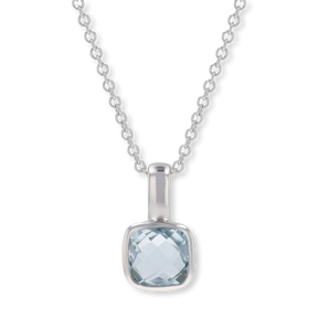 18ct White Gold Cushion Shaped Aquamarine Solitaire Pendant & Chain