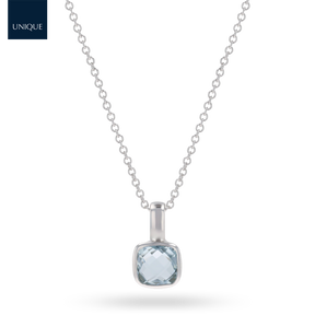 18ct White Gold Cushion Shaped Aquamarine Solitaire Pendant & Chain