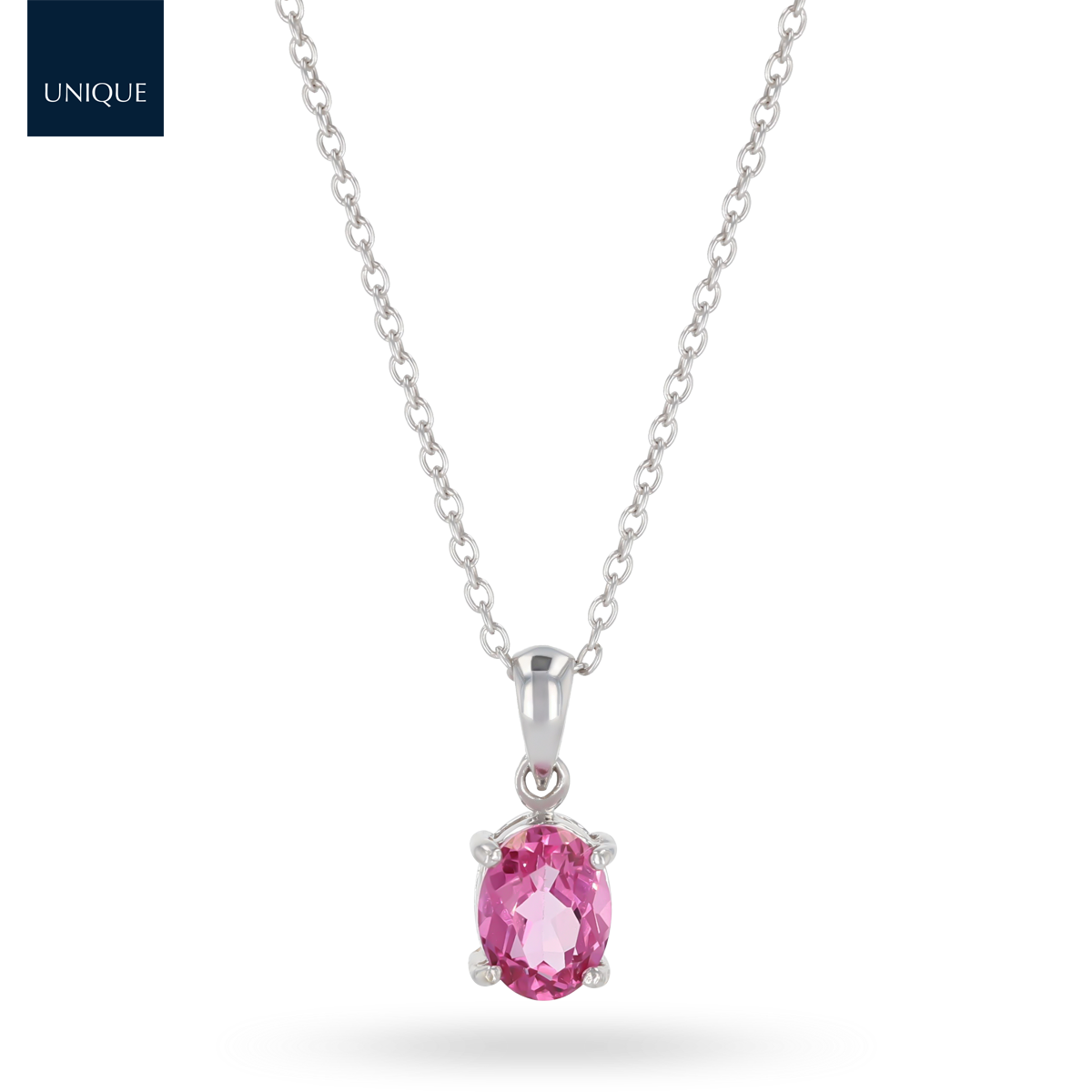 9ct White Gold Oval Shaped Pink Topaz Claw Set Pendant & Chain