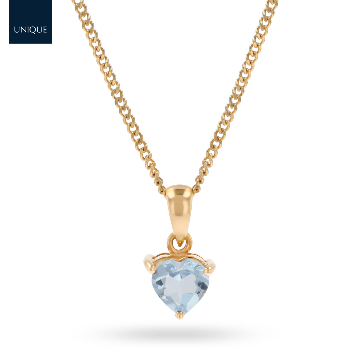 9ct Yellow Gold Heart Shaped Aquamarine Claw Set Solitaire Pendant & Chain