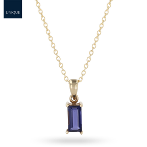 9ct Yellow Gold Baguette Cut Iolite Claw Set Pendant & Chain