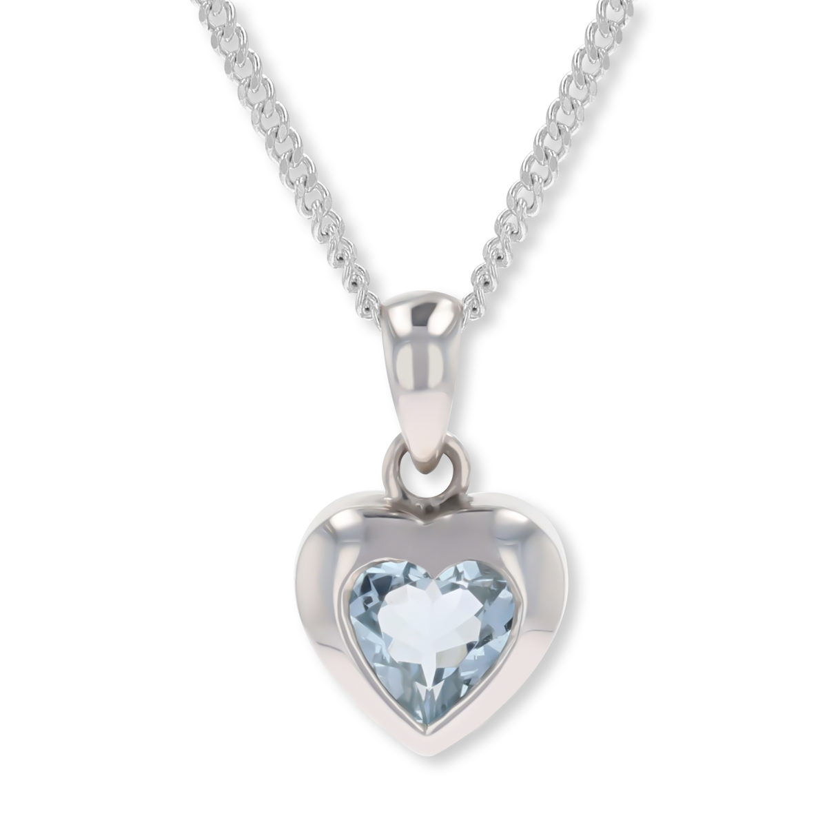 9ct White Gold Heart Shaped Aquamarine Bezel Set Solitaire Pendant & Chain