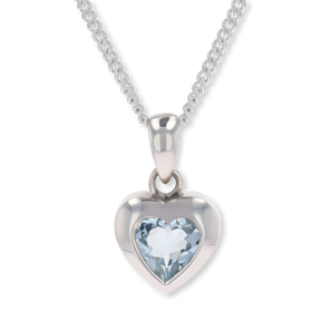 9ct White Gold Heart Shaped Aquamarine Bezel Set Pendant & Chain