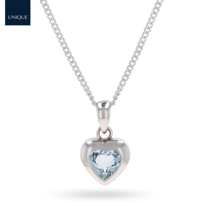 9ct White Gold Heart Shaped Aquamarine Bezel Set Pendant & Chain