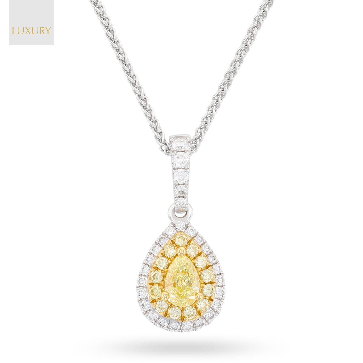 18ct Yellow & White Gold Pear Shaped Fancy Yellow Diamond Double Halo Pendant & Chain