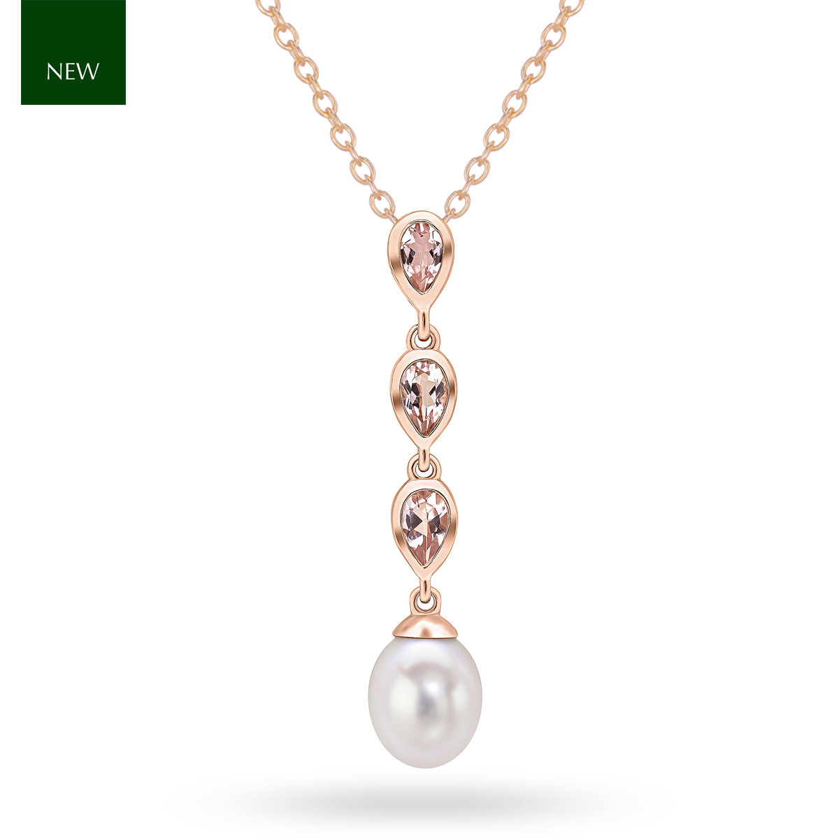 9ct Rose Gold Pearl & Morganite Triple Drop Pendant & Chain