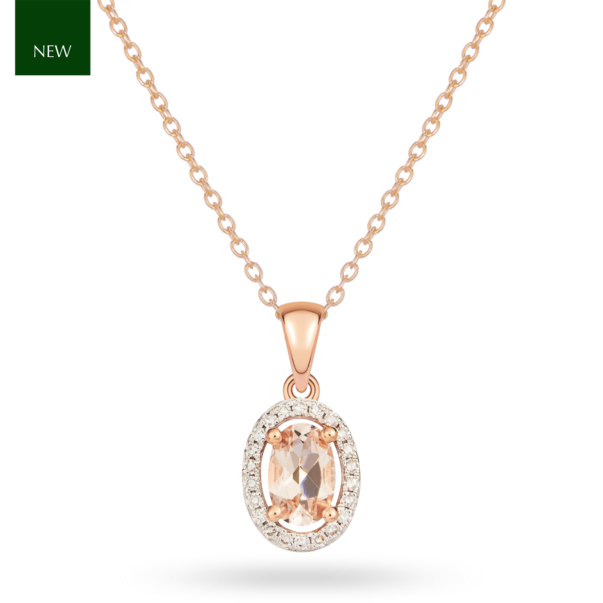 9ct Rose Gold Oval Morganite & Diamond Halo Cluster Pendant & Chain
