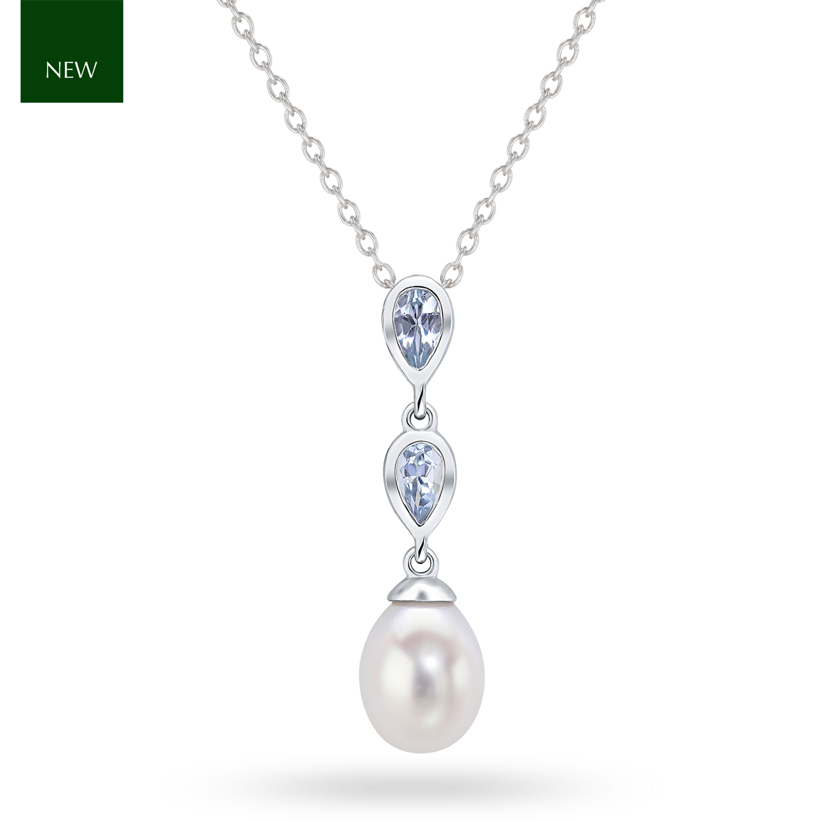 9ct White Gold Pearl & Aquamarine Double Drop Pendant & Chain