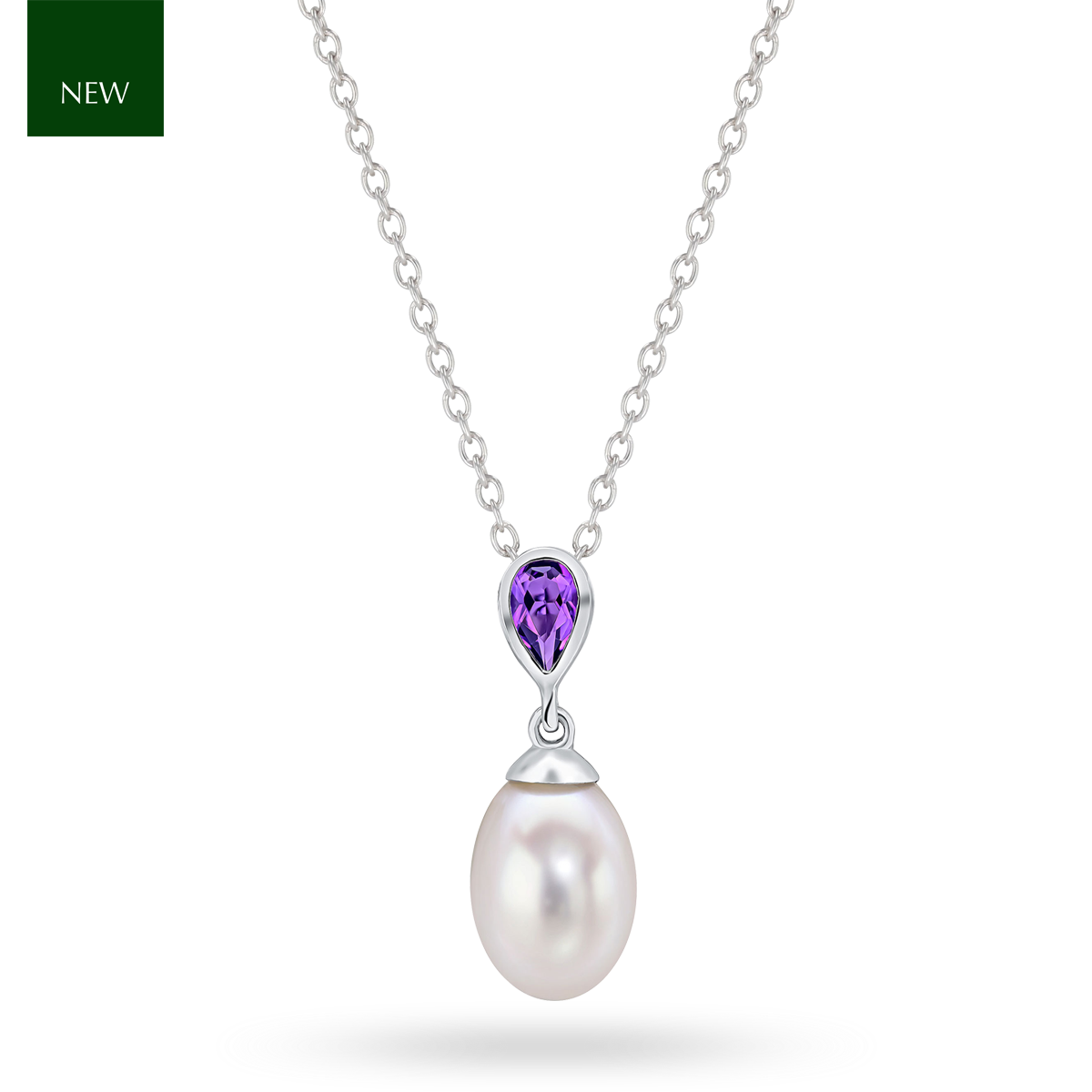 9ct White Gold Pearl & Amethyst Drop Pendant & Chain
