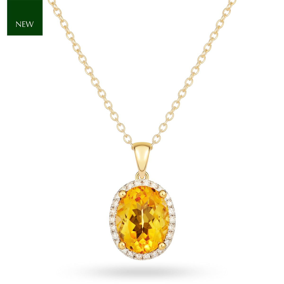 9ct Yellow Gold Oval Citrine & Diamond Cluster Pendant & Chain