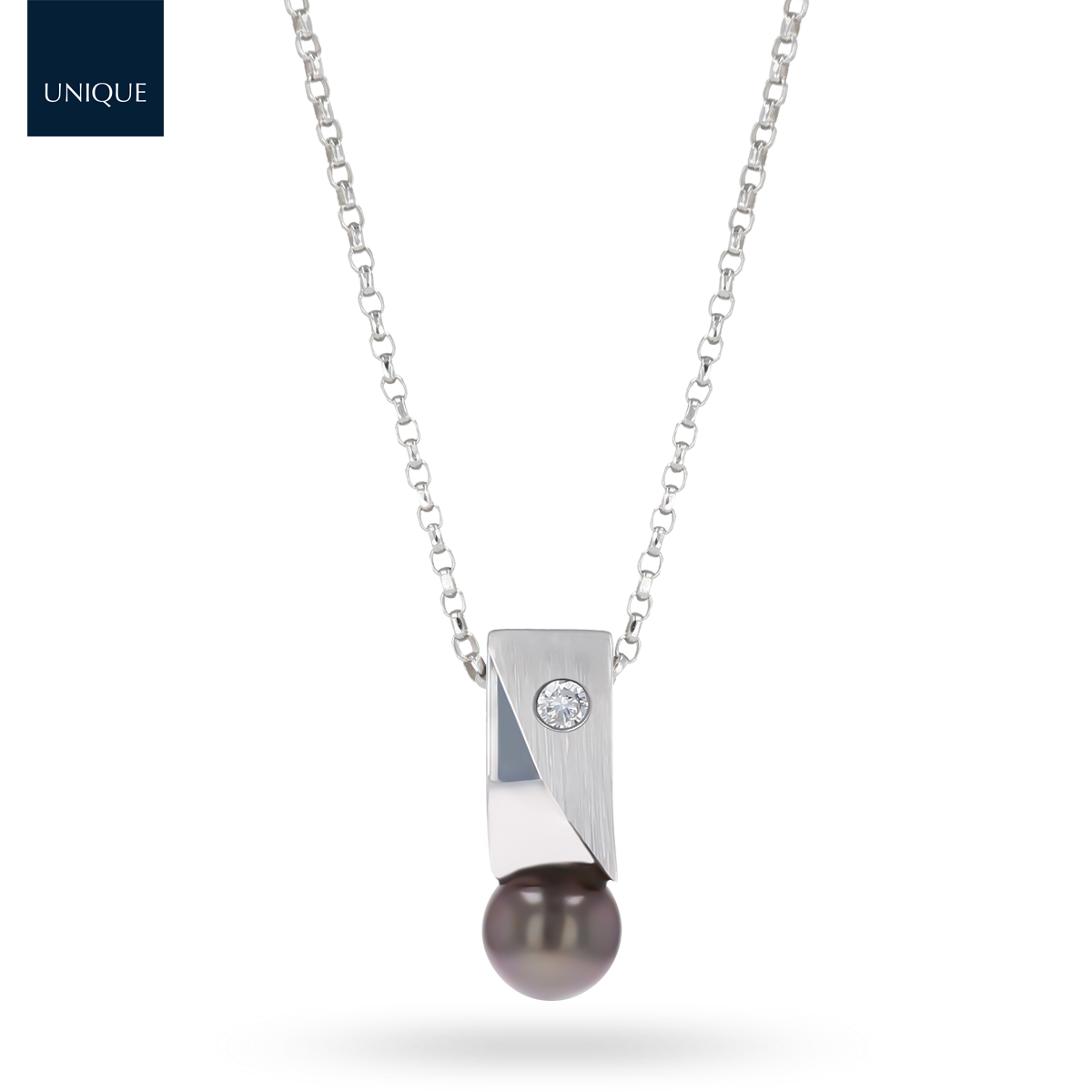 18ct White Gold Black Pearl & Diamond Set Pendant & Chain