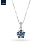 9ct White Gold Sapphire & Diamond Flower Cluster Pendant & Chain