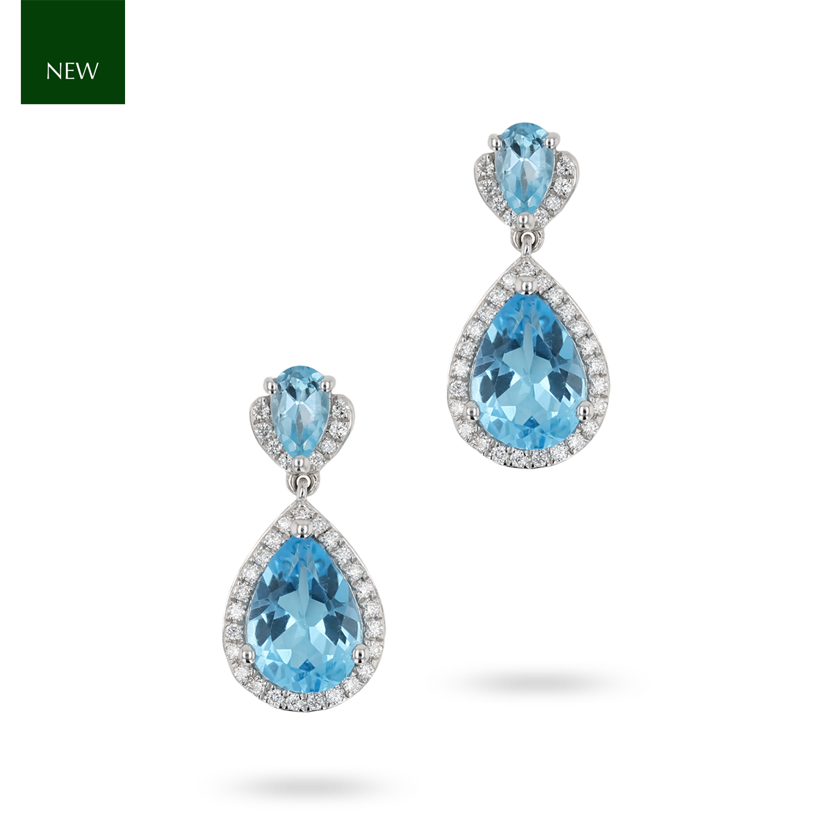 9ct White Gold Double Pear Shaped Blue Topaz & Diamond Halo Drop Earrings