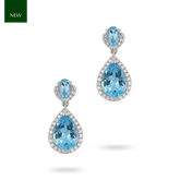 9ct White Gold Double Pear Shaped Blue Topaz & Diamond Halo Drop Earrings