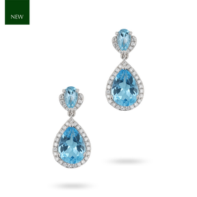 9ct White Gold Double Pear Shaped Blue Topaz & Diamond Halo Drop Earrings