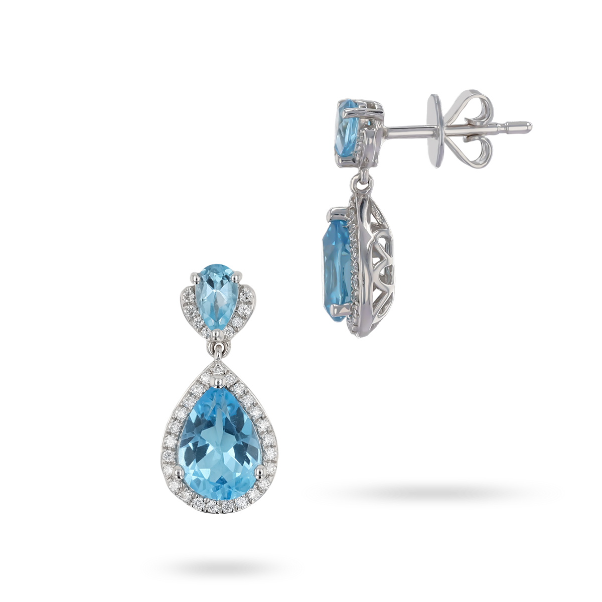 9ct White Gold Double Pear Shaped Blue Topaz & Diamond Halo Drop Earrings