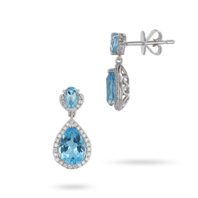 9ct White Gold Double Pear Shaped Blue Topaz & Diamond Halo Drop Earrings