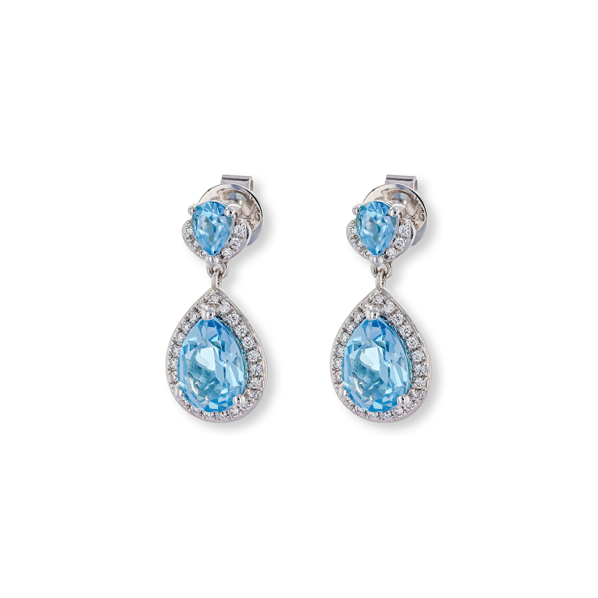 9ct White Gold Double Pear Shaped Blue Topaz & Diamond Halo Drop Earrings