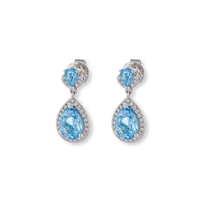 9ct White Gold Double Pear Shaped Blue Topaz & Diamond Halo Drop Earrings