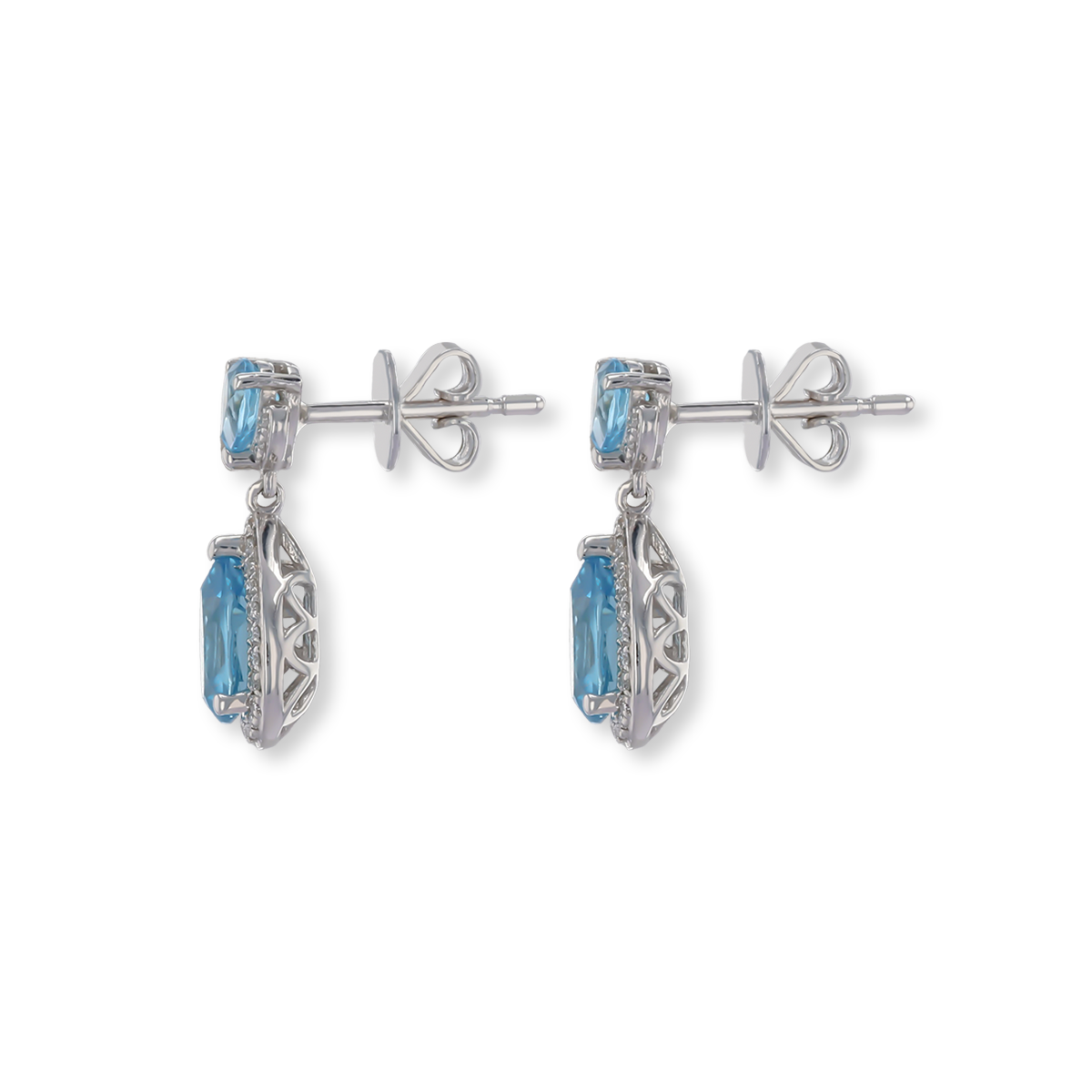 9ct White Gold Double Pear Shaped Blue Topaz & Diamond Halo Drop Earrings