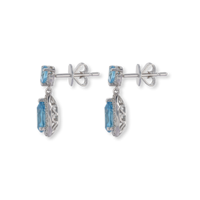 9ct White Gold Double Pear Shaped Blue Topaz & Diamond Halo Drop Earrings