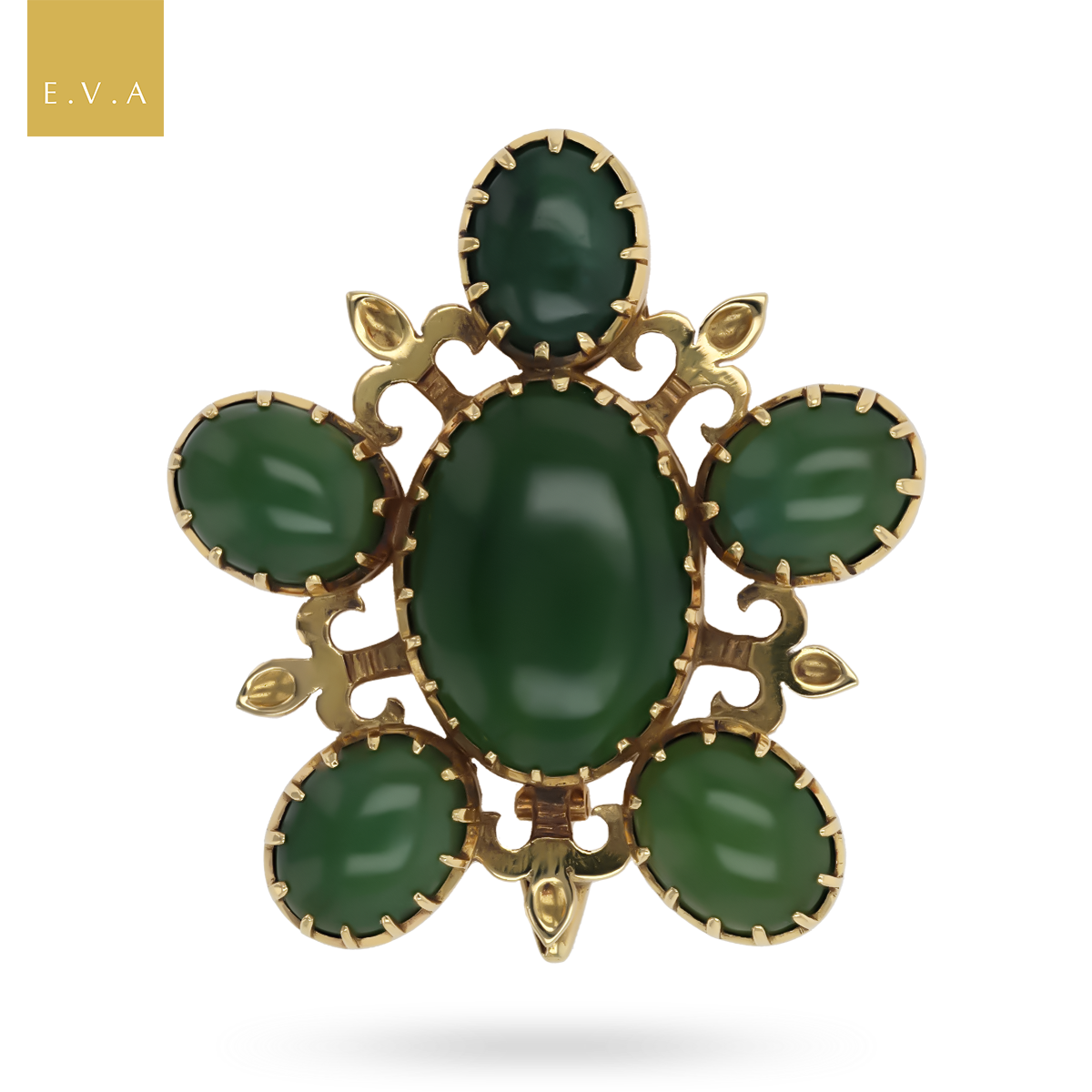 18ct Yellow Gold Nephrite Jade Floral Pendant Brooch