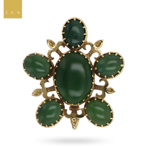 18ct Yellow Gold Nephrite Jade Floral Pendant Brooch