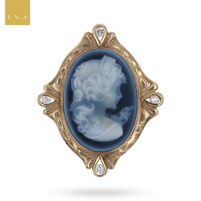 9ct Yellow Gold Onyx Cameo & Diamond Brooch