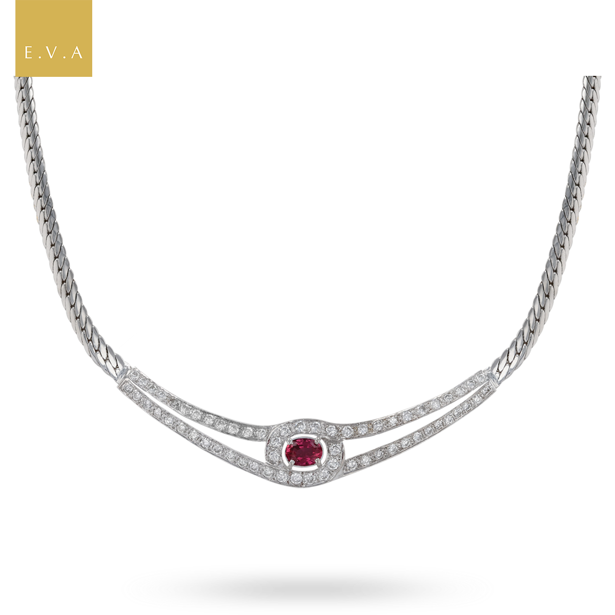 18ct White Gold Ruby & Diamond Set Herringbone Necklace