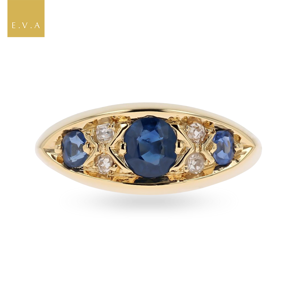 18ct Yellow Gold Sapphire & Diamond Navette Edwardian Ring