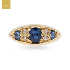 18ct Yellow Gold Sapphire & Diamond Navette Edwardian Ring