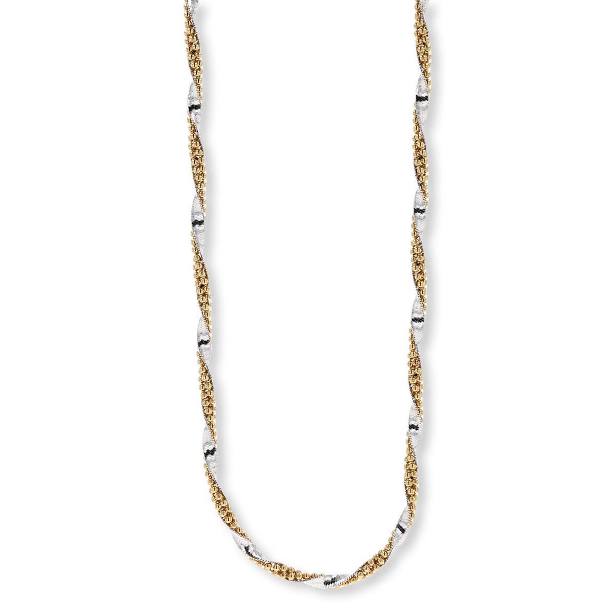 18ct Yellow & White Gold Herringbone & Beaded Twist Link Necklace