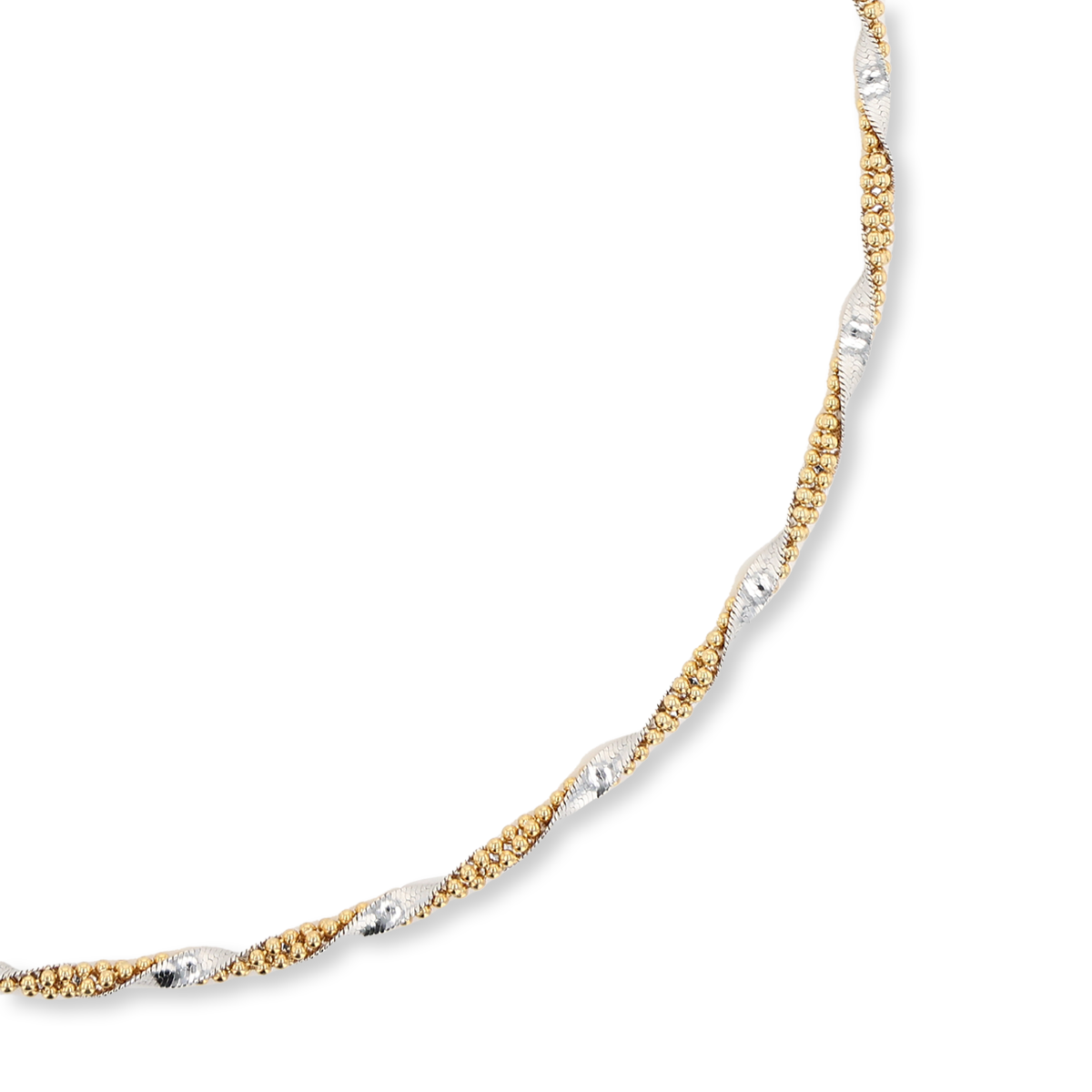 18ct Yellow & White Gold Herringbone & Beaded Twist Link Necklace