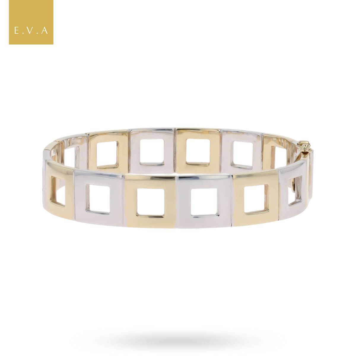 9ct Yellow & White Gold Square Link Hinged Bangle