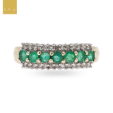 9ct Yellow Gold Emerald & Diamond Triple Row Ring