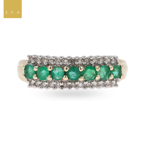 9ct Yellow Gold Emerald & Diamond Triple Row Ring