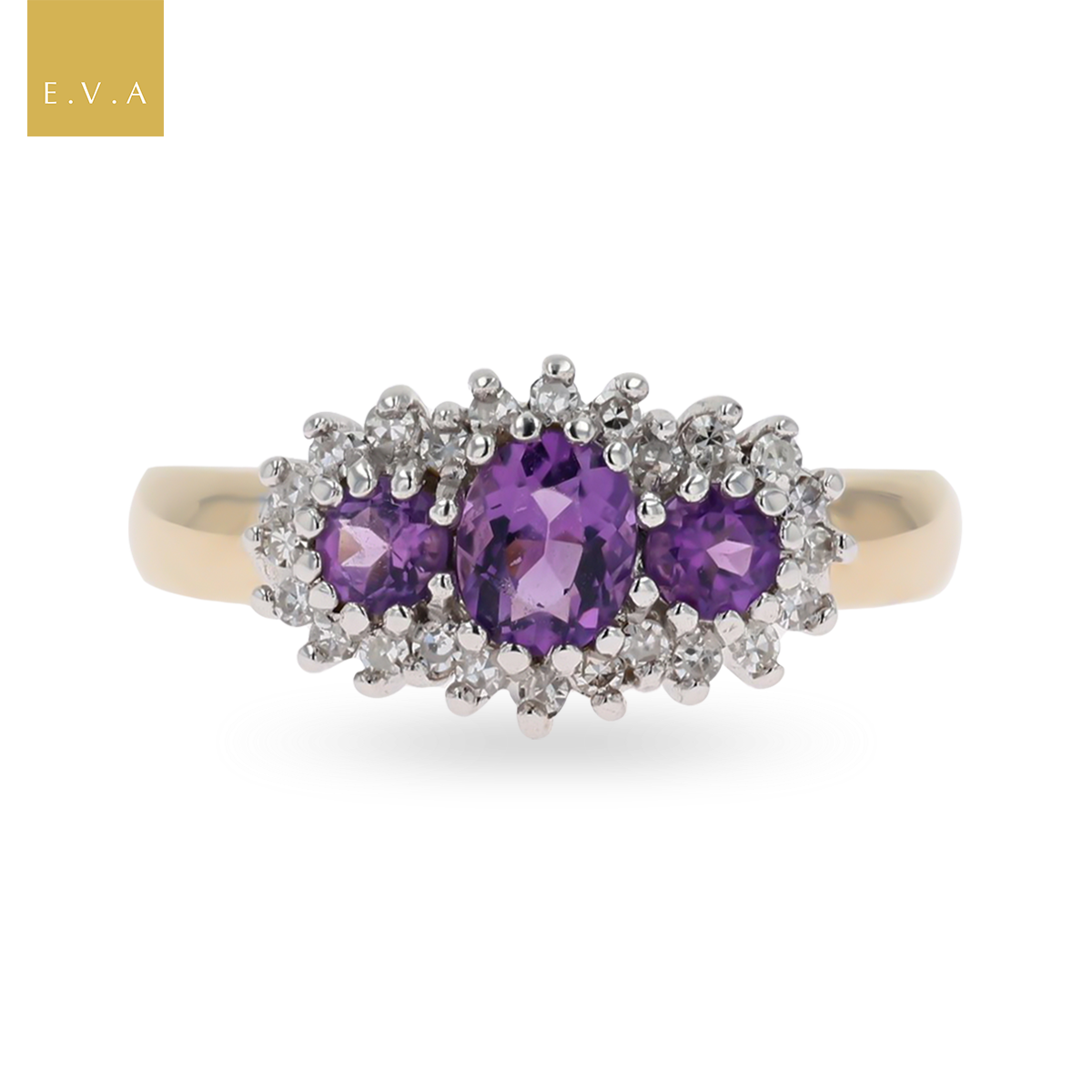 9ct Yellow Gold Amethyst & Diamond Trilogy Cluster Ring