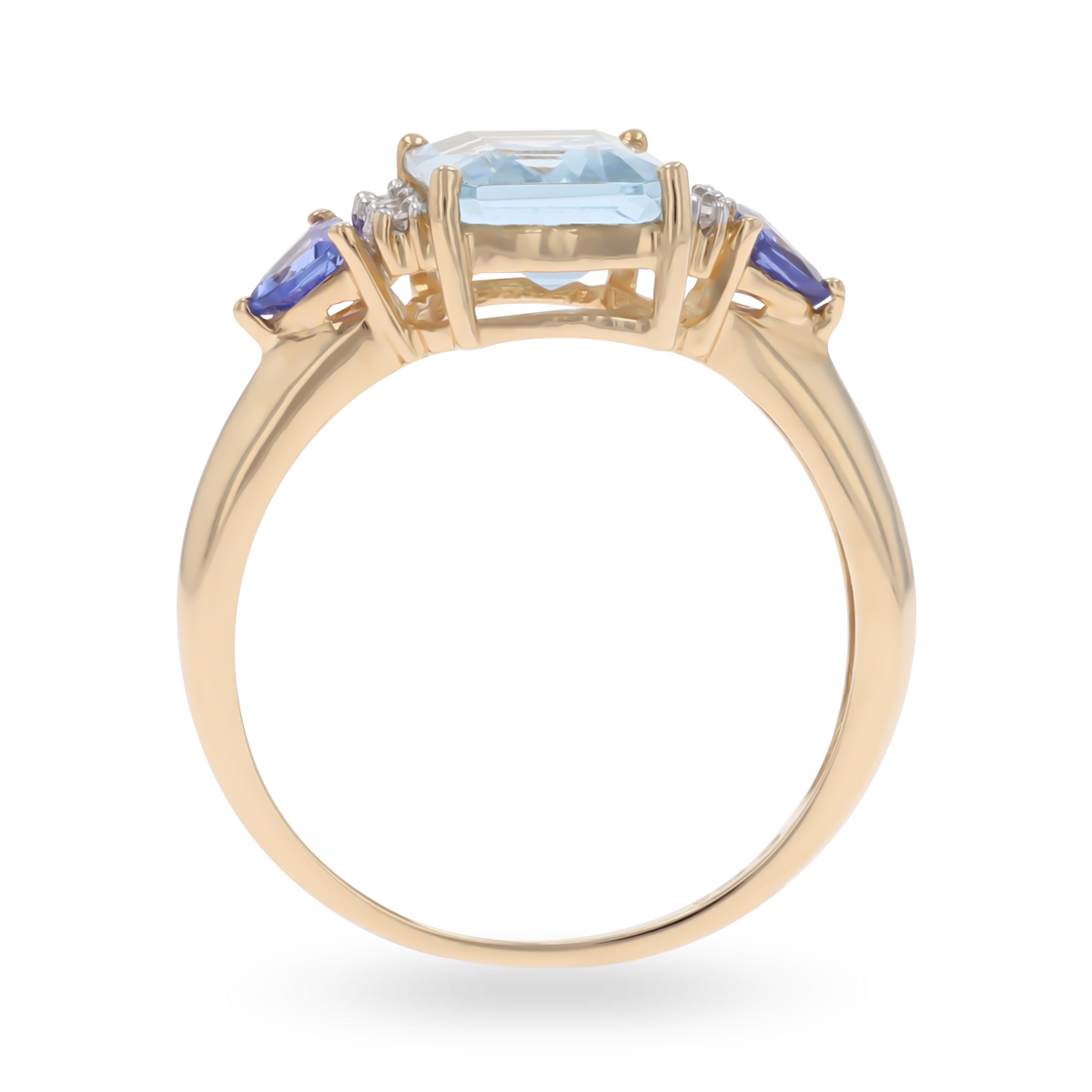 14ct Yellow Gold Emerald Cut Aquamarine, Tanzanite & Diamond Shoulders Ring