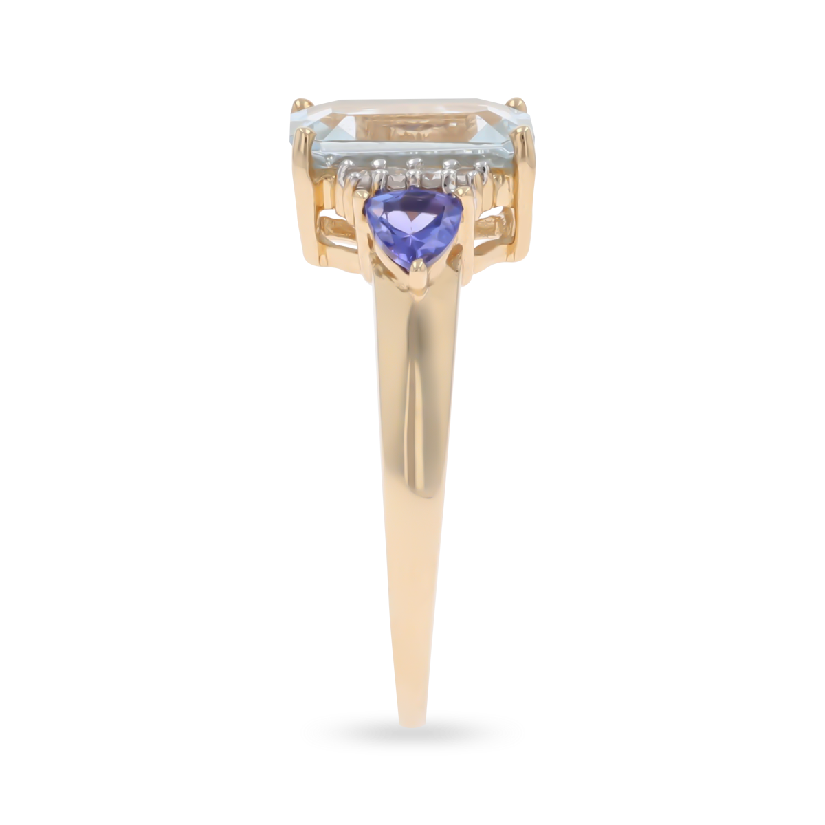 14ct Yellow Gold Emerald Cut Aquamarine, Tanzanite & Diamond Shoulders Ring