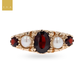 9ct Yellow Gold Cultured Pearl & Garnet "Victorian" Style Ring