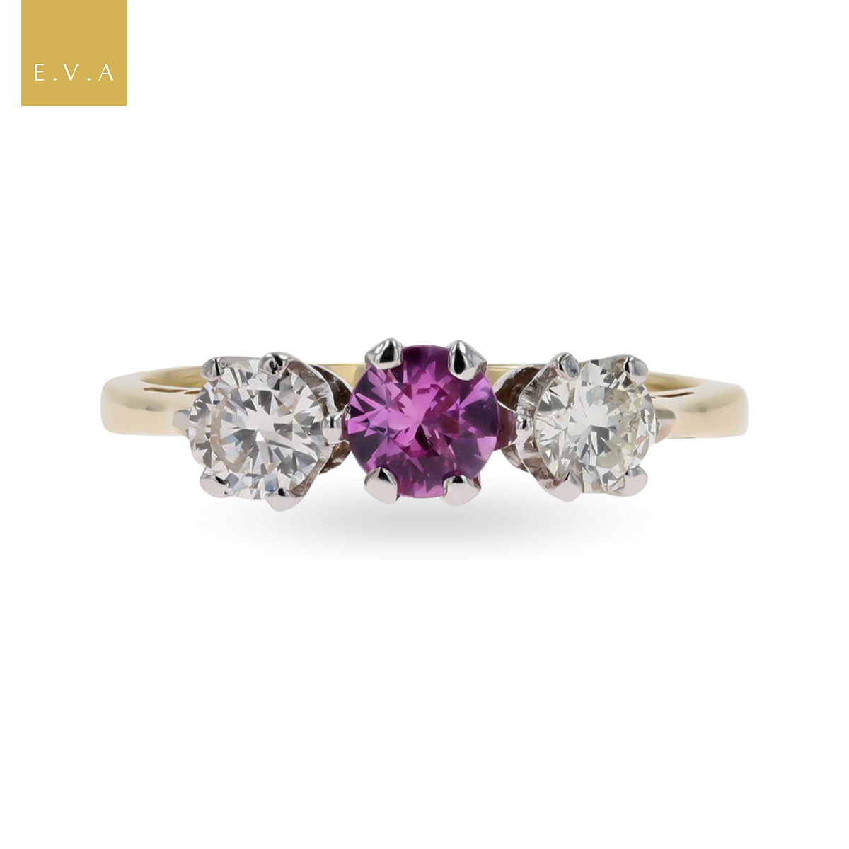 18ct Yellow Gold Pink Sapphire & Diamond Trilogy Ring